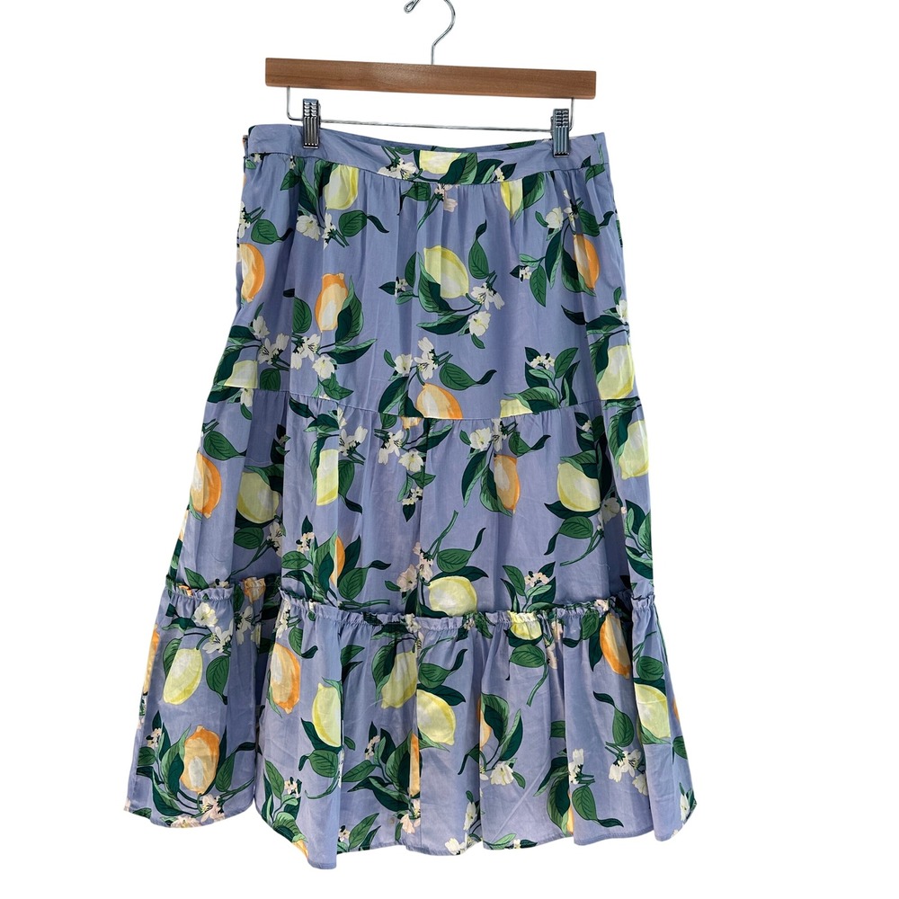 Ann Taylor Blue Lemon Print Tiered Cotton Midi Skirt 10 Flowy Italy NWT